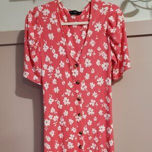 F&F Floral Button-Front Midi Dress – Coral & White Puff Sleeve